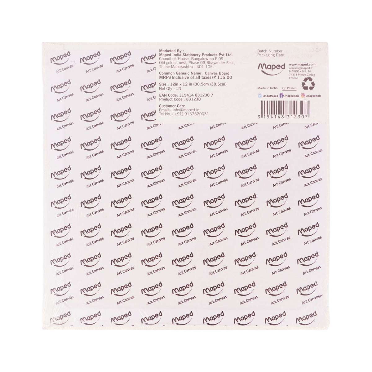 Maped Canvas Board 12 x 12 Inches – Cotton Primed Painting Surface