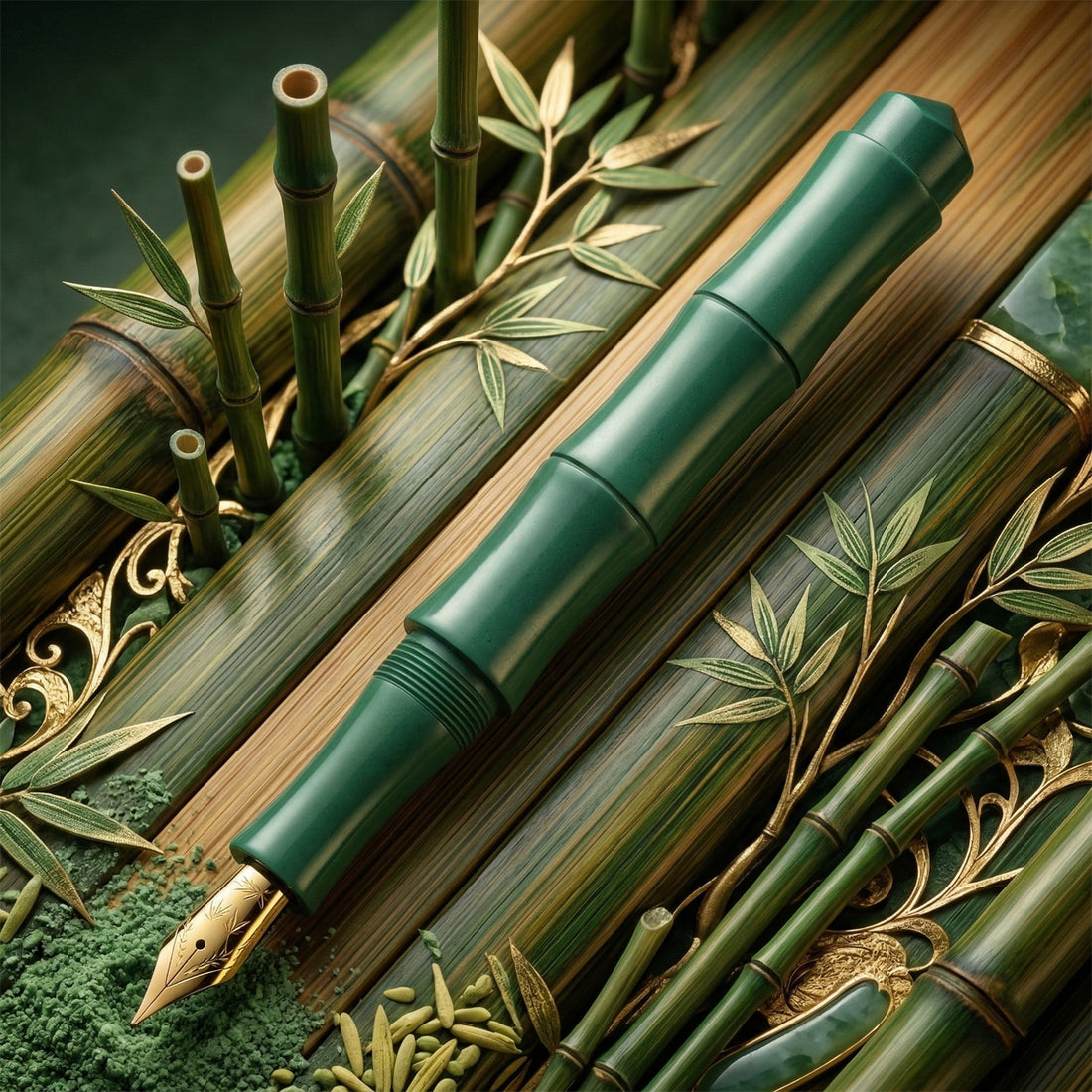 Ranga Giant Bamboo Fountain Pen – Solid Green Ebonite, Customizable JoWo Nib, Medium