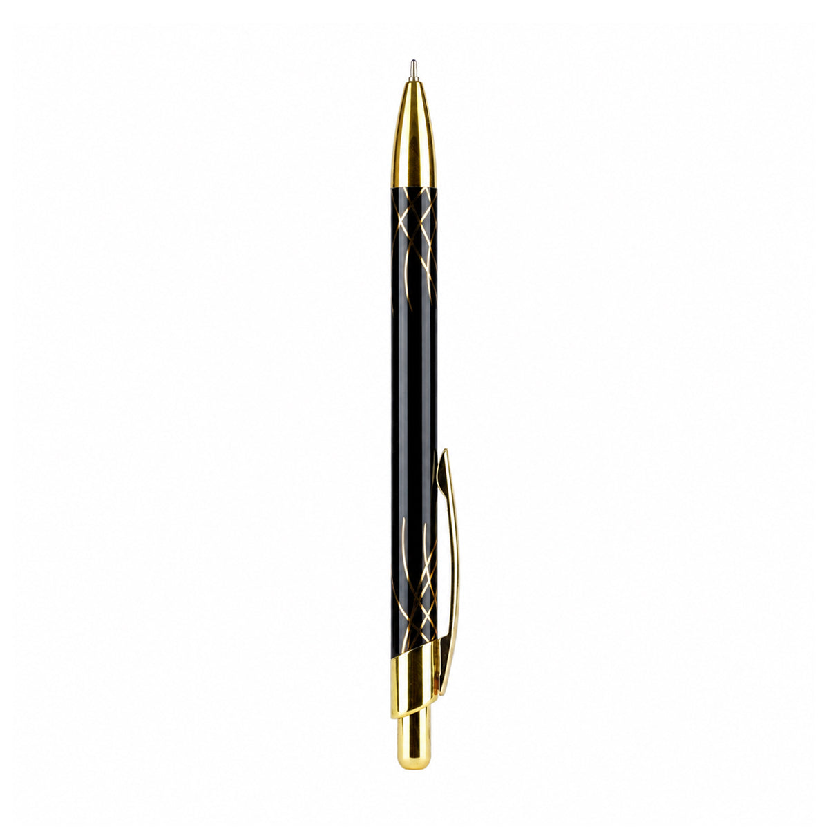 Cello Caesar Metal Ball Pen — Glossy Black with Gold Clip, Blue Ink