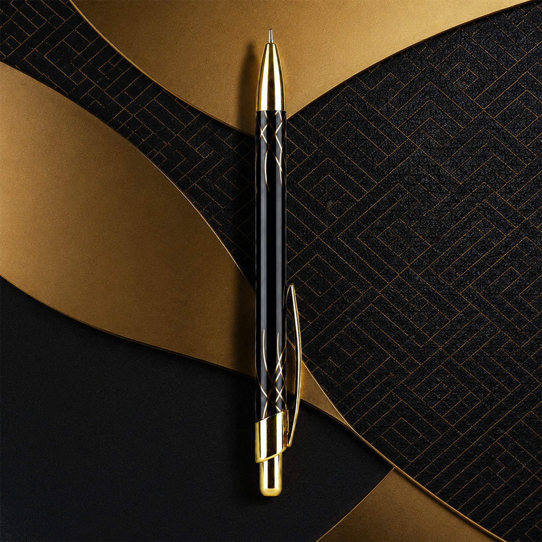 Cello Caesar Metal Ball Pen — Glossy Black with Gold Clip, Blue Ink