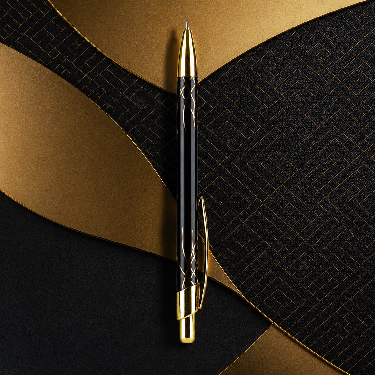 Cello Caesar Metal Ball Pen — Glossy Black with Gold Clip, Blue Ink