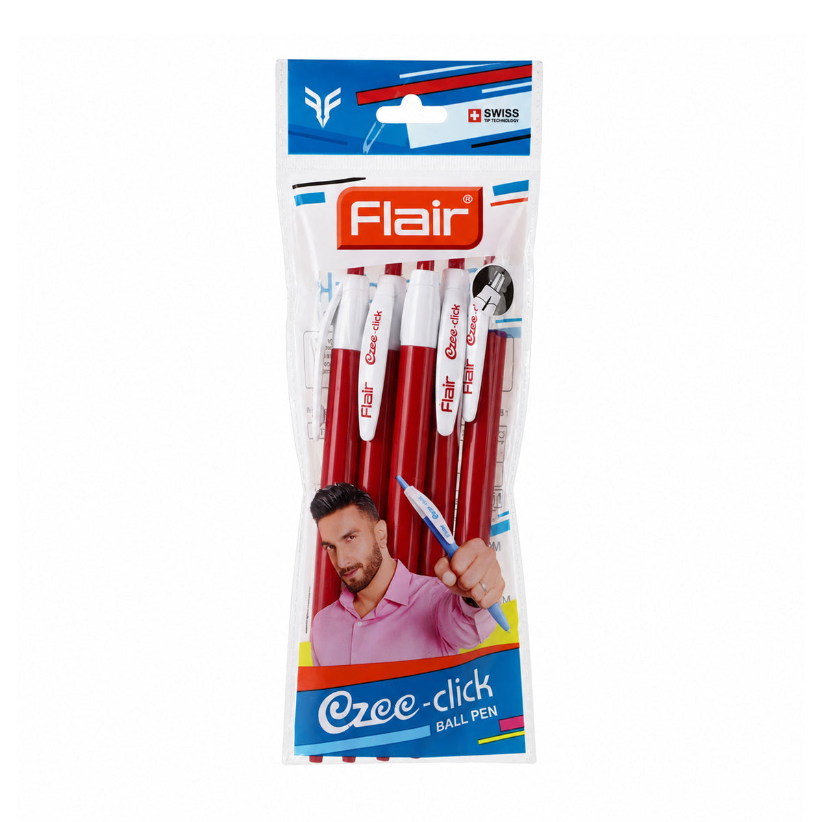 FLAIR Ezee Click Ball Pen – Retractable Click Mechanism, Pack of 10 (Red Ink)