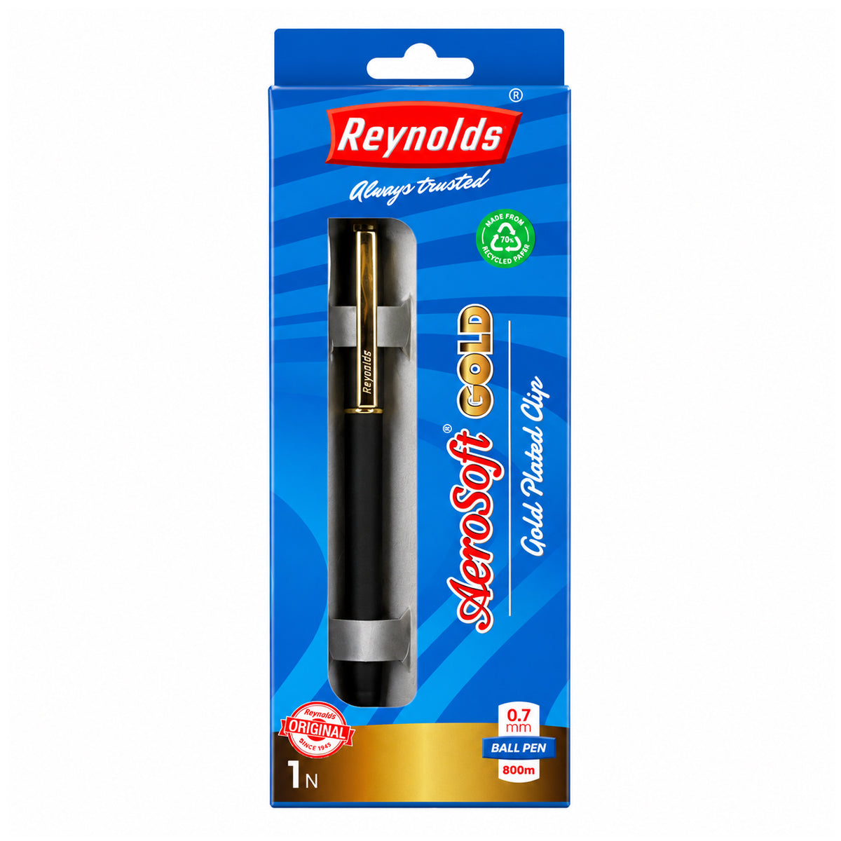 Reynolds Aerosoft Gold Ball Pen — Blue Ink, 0.7 mm, 800 m