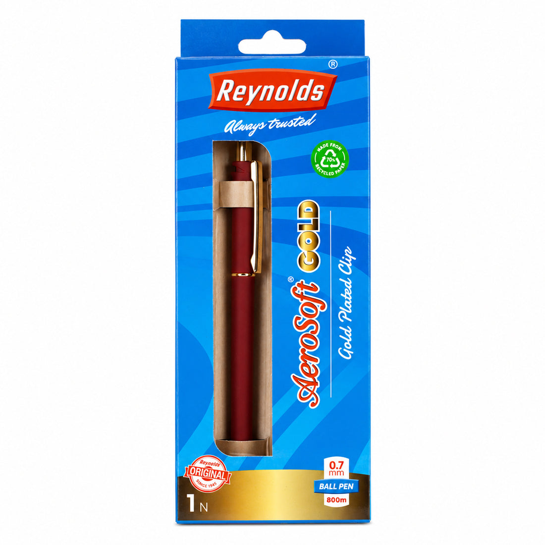 Reynolds Aerosoft Gold Ball Pen | Blue Ink | 0.7mm Fine Tip | 800m
