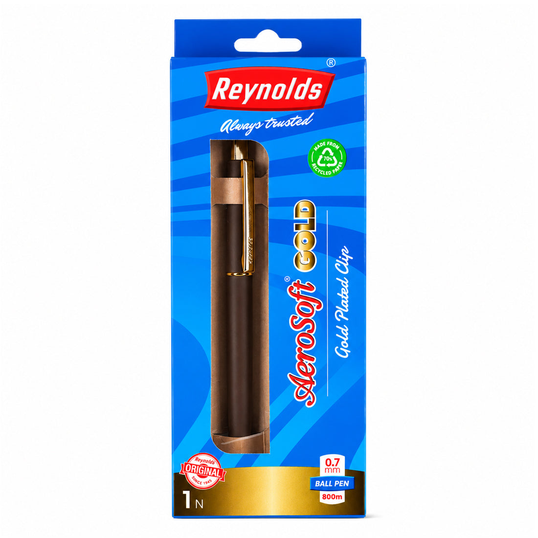 Reynolds Aerosoft Gold Ball Pen | Blue Ink | 0.7mm Fine Tip | 800m