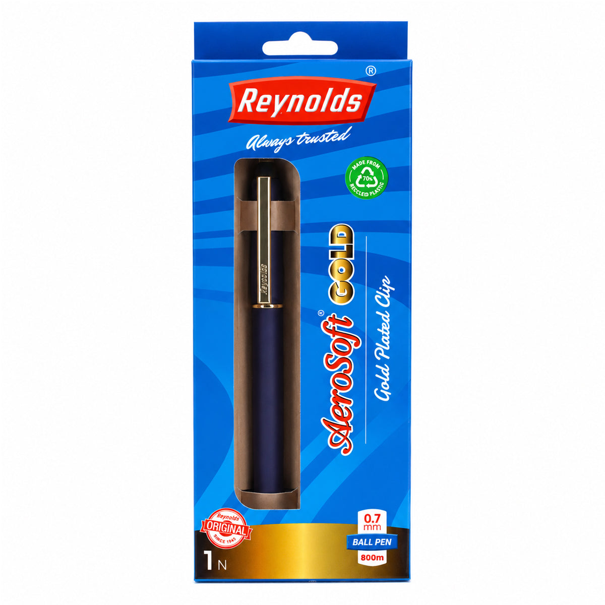 Reynolds Aerosoft Gold Ball Pen | Blue Ink | 0.7mm Fine Tip | 800m