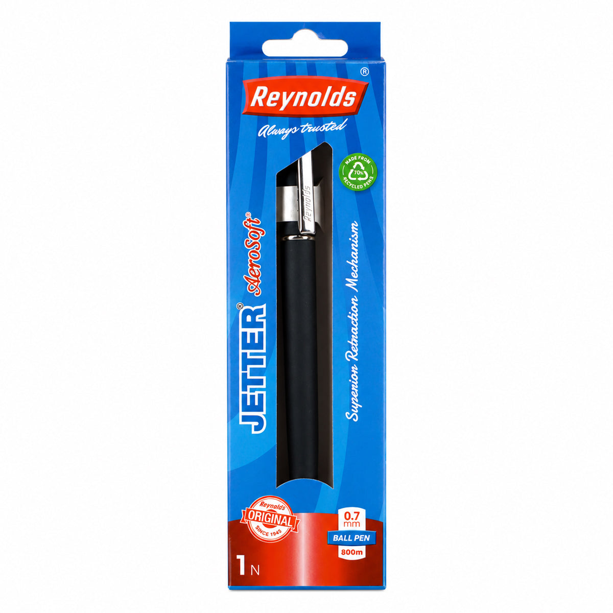 Reynolds Jetter Aerosoft Ball Pen — Pack of 2 | 0.7mm | Blue Ink | Matte Black