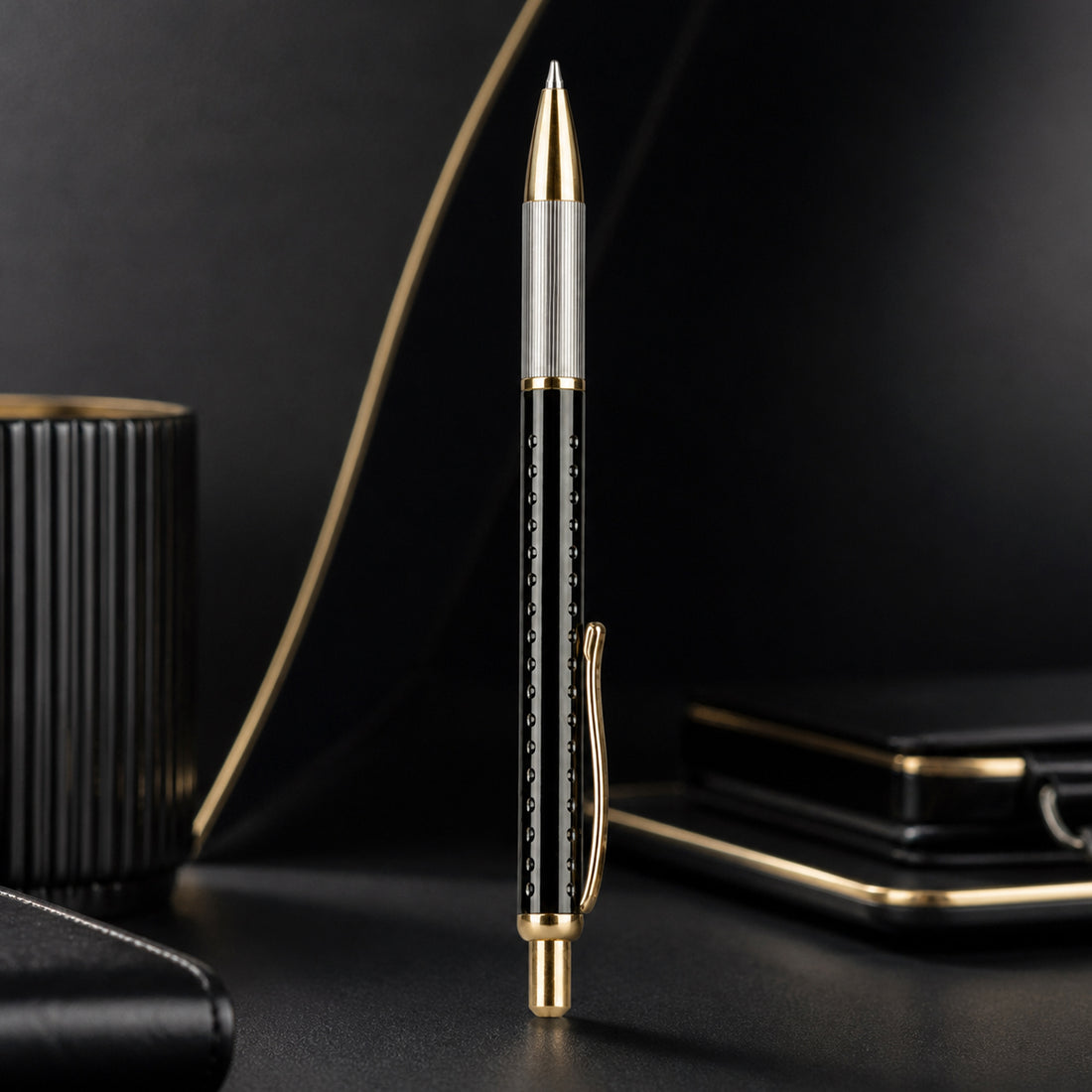 Writershub Gun Metal Golden Trim Retractable Ball Pen - Blue Ink