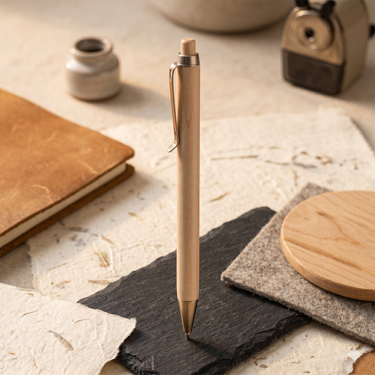 The Writershub Wooden Body & Grey Clip Retractable Ball Pen – Blue Ink