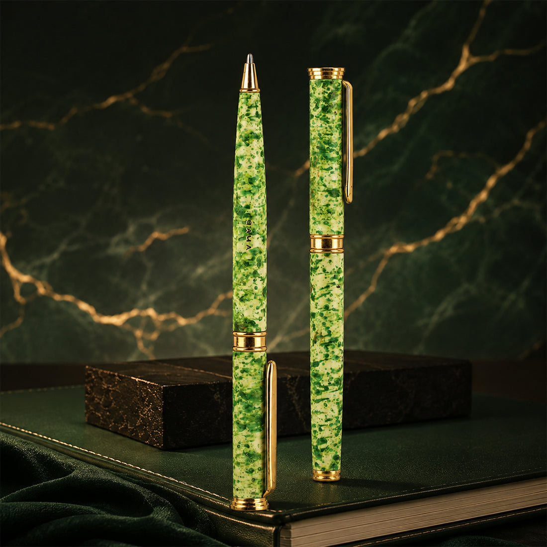 Gama Green Marble Finish Fine Nib Converter Fountain Pen and Ballpoint Pen Set