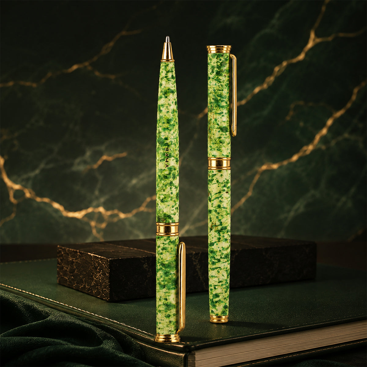 Gama Green Marble Finish Fine Nib Converter Fountain Pen and Ballpoint Pen Set