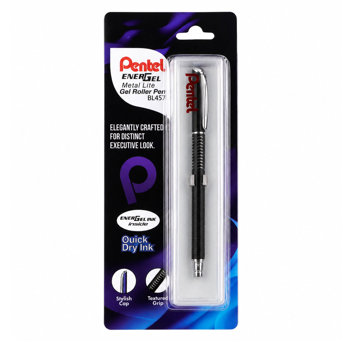 Pentel BL457 EnerGel Black Cap Rollerball Pen - Medium Tip, Metal Body