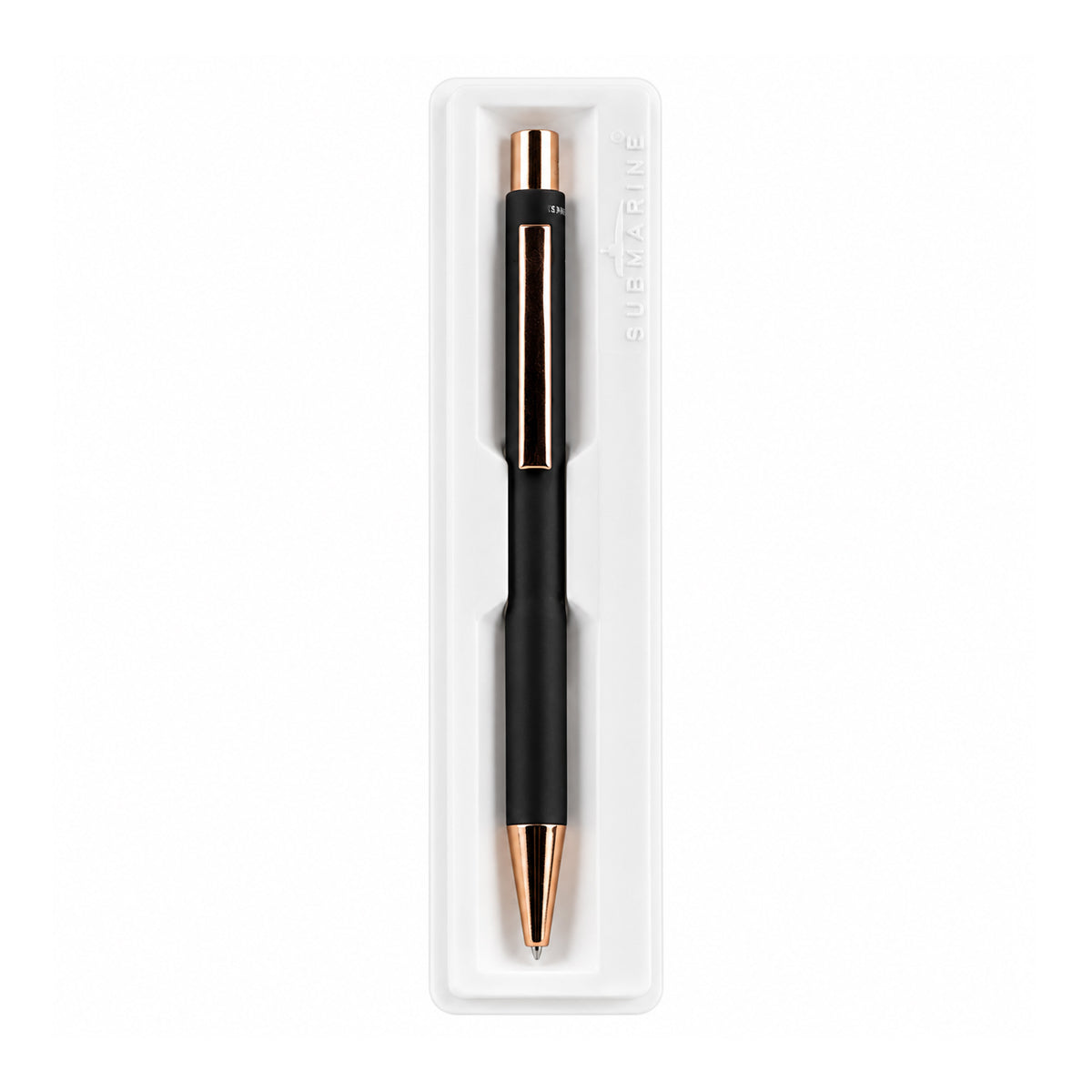 Submarine 964 Retractable Ballpen - Matte Black Metal, Rose Gold Clip, Fine Blue Ink