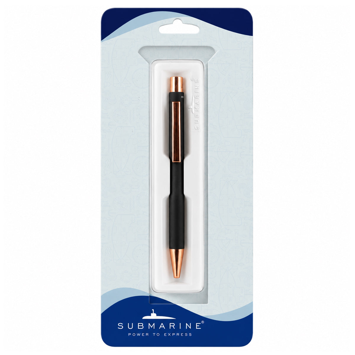 Submarine 964 Retractable Ballpen - Matte Black Metal, Rose Gold Clip, Fine Blue Ink