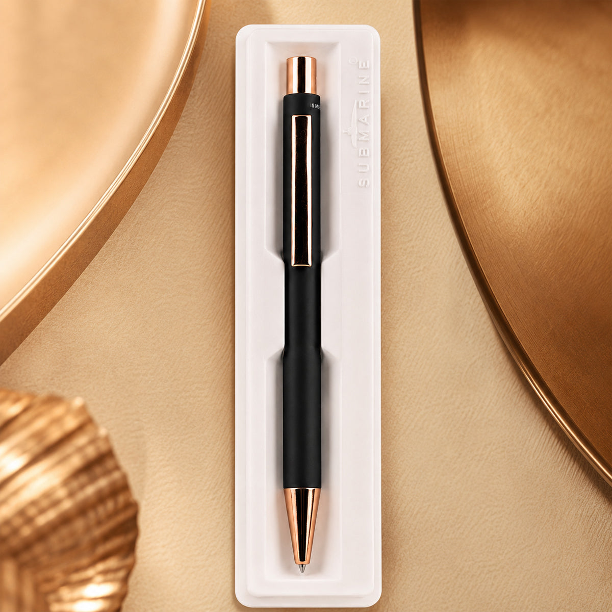 Submarine 964 Retractable Ballpen - Matte Black Metal, Rose Gold Clip, Fine Blue Ink