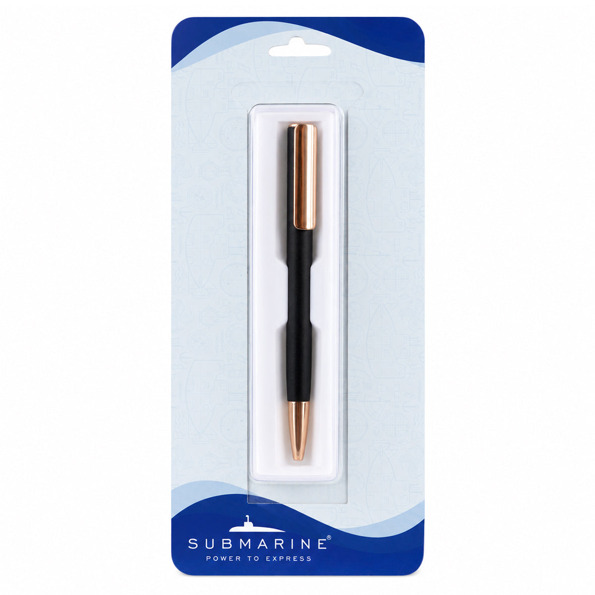 Submarine 701 Retractable Ballpen - Matte Black Metal, Rose Gold Clip, Fine Blue Ink