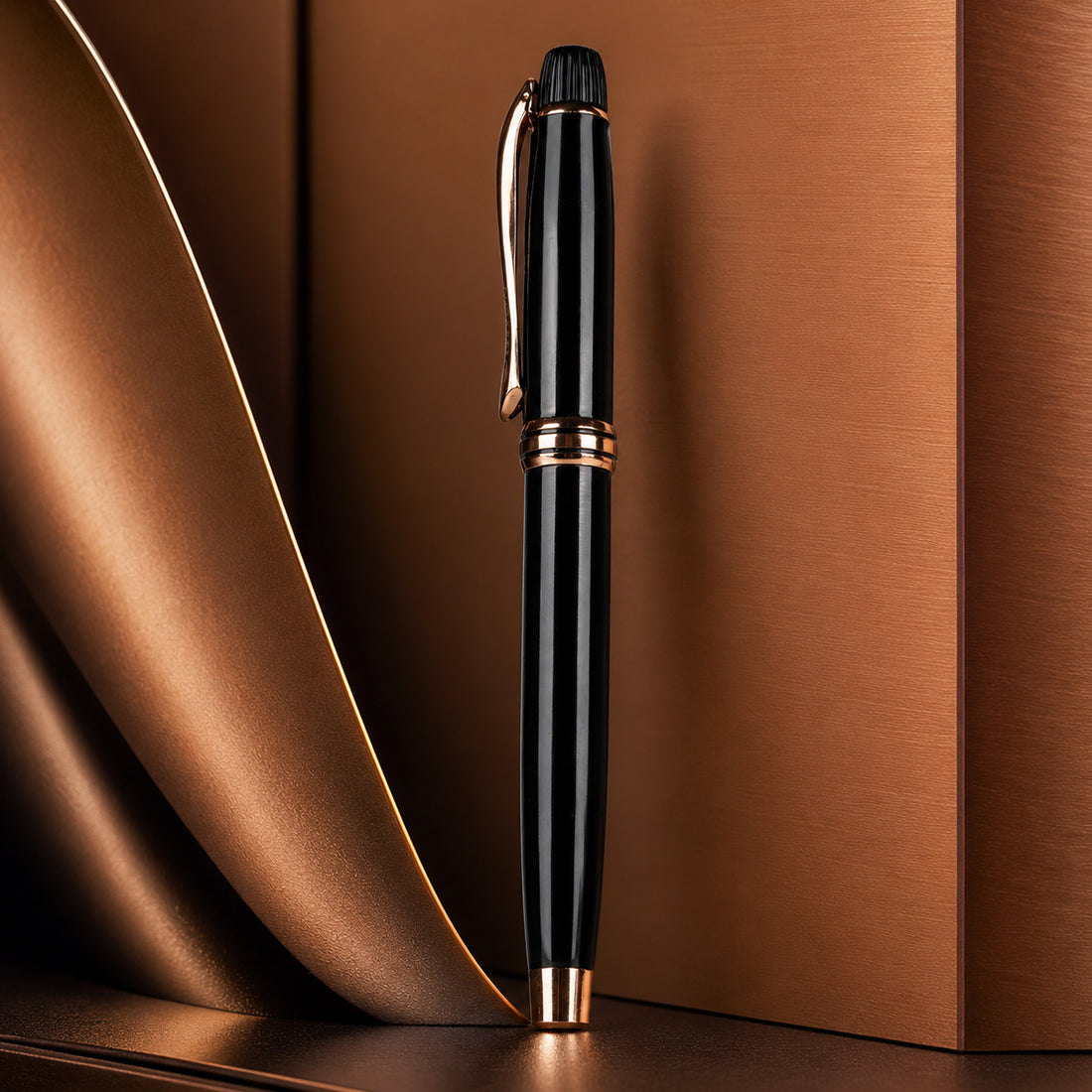 Submarine 1074 Cap Roller Ballpen - Glossy Black Metal Rose Gold Clip