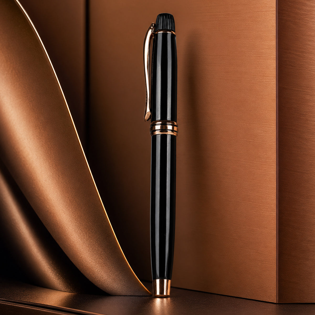 Submarine 1074 Cap Roller Ballpen - Glossy Black Metal Rose Gold Clip