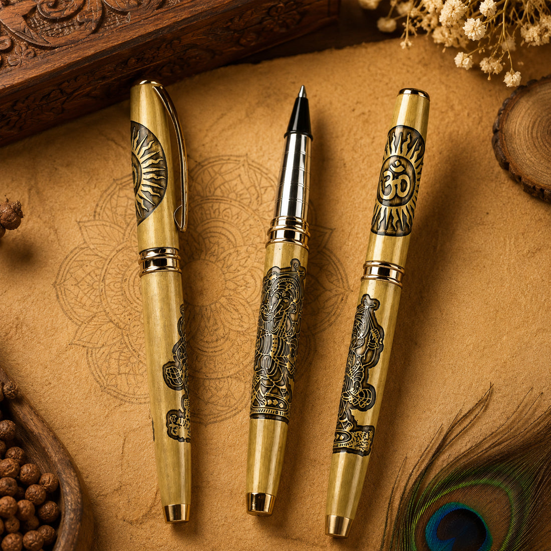 Submarine 1052 Ganesh Cap Roller Ballpen - Gold Metal Fine Blue Ink