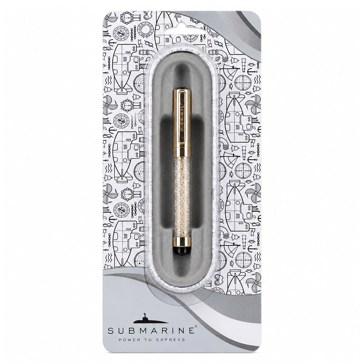 Submarine 879 Crystal Ball Pen — Gold Metal Body, Cap Type, Blue Ink