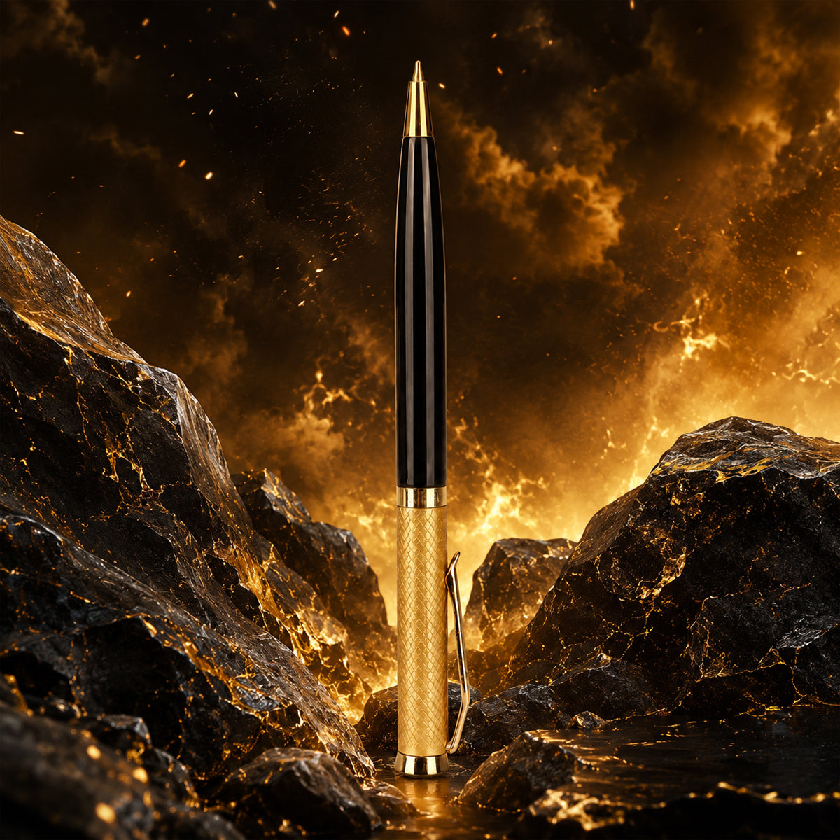 Submarine 885 Glossy Black with Gold Cap Top on Stone – Twist Type Ball Pen