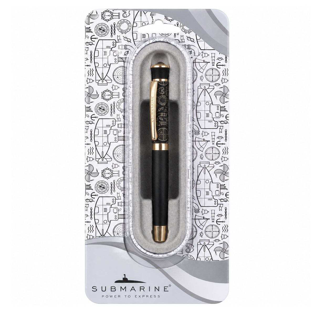 Submarine 1015 Black Rollerball Pen — Golden Clip & Big Stone Top