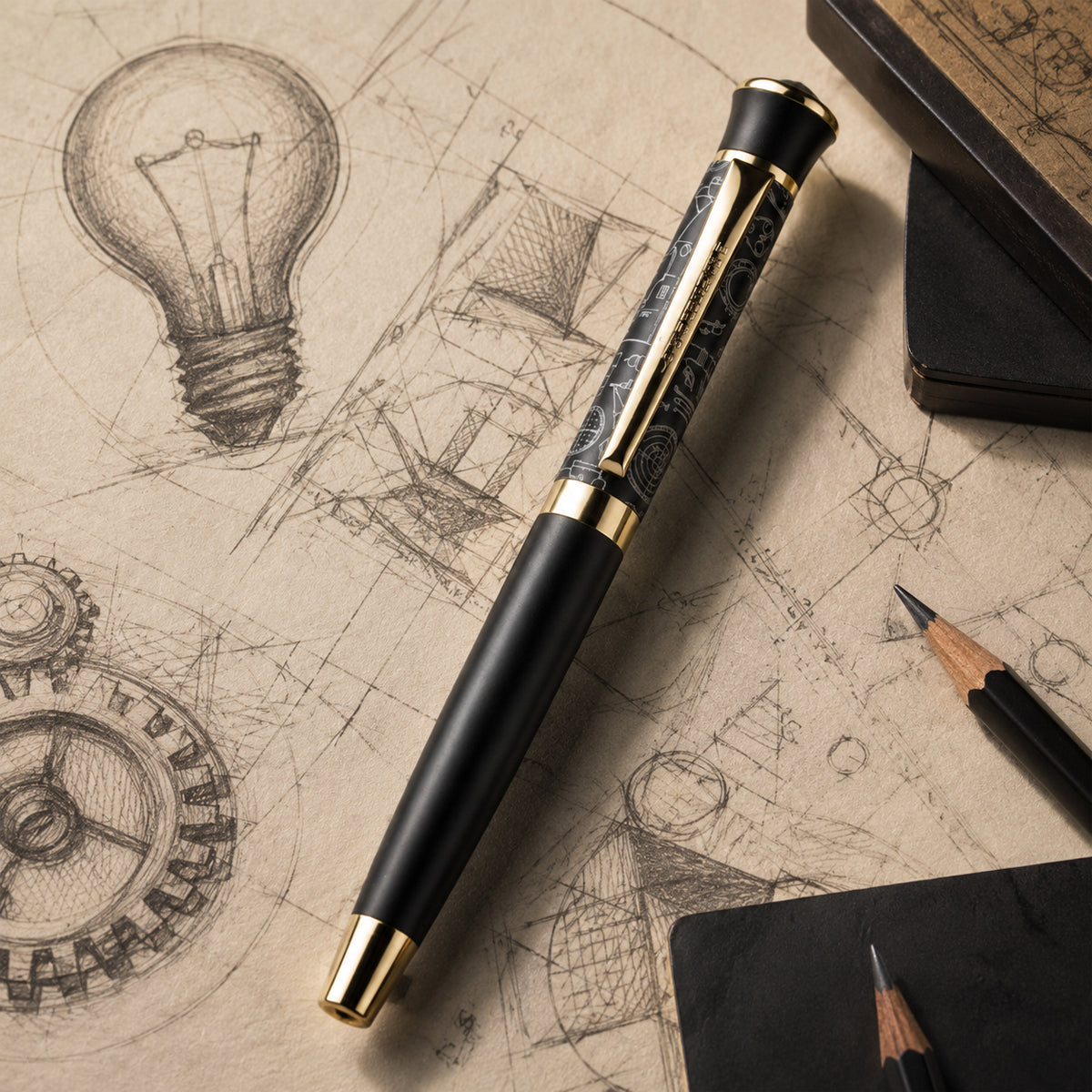 Submarine 1015 Black Rollerball Pen — Golden Clip & Big Stone Top