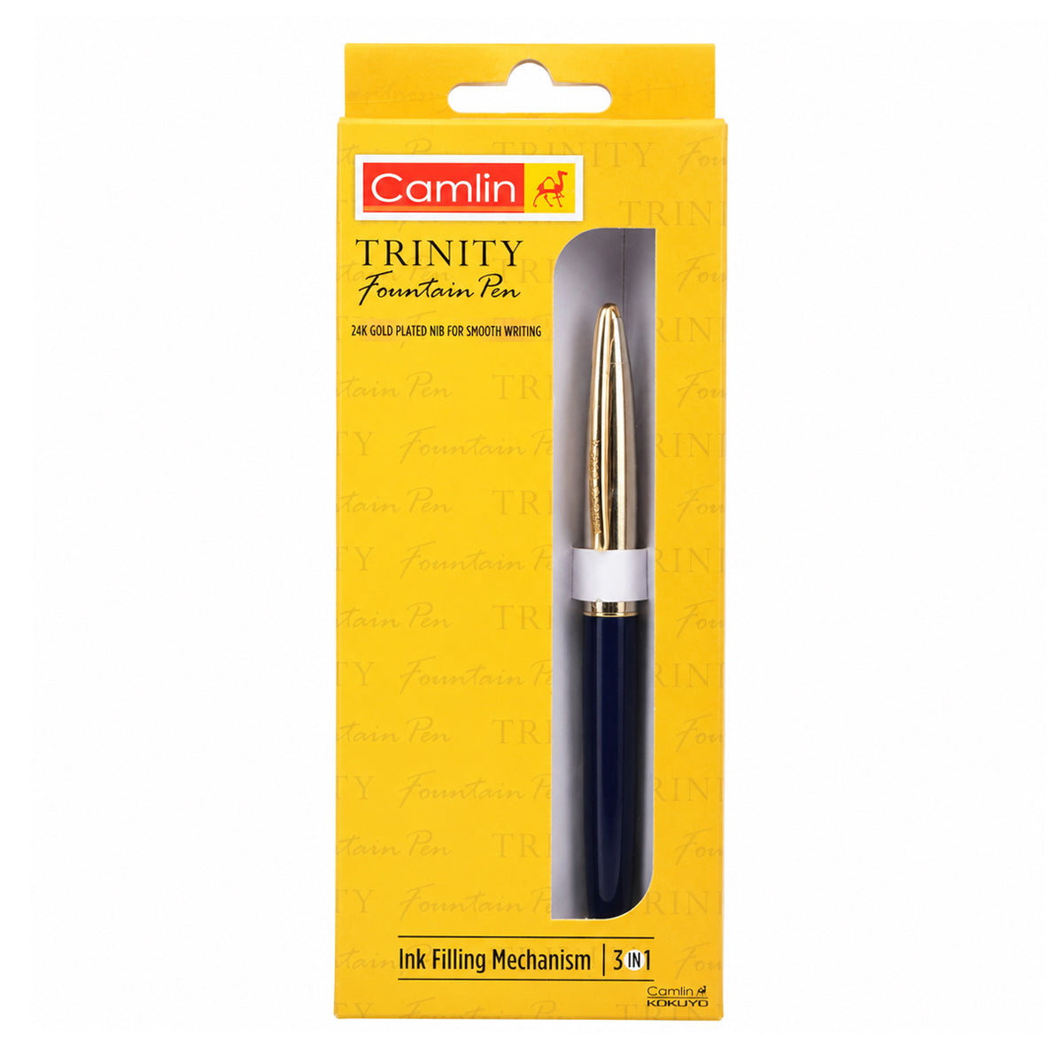Camlin Trinity Fountain Pen – Blue Body, Silver Cap, 24K Gold‑Plated Fine Nib