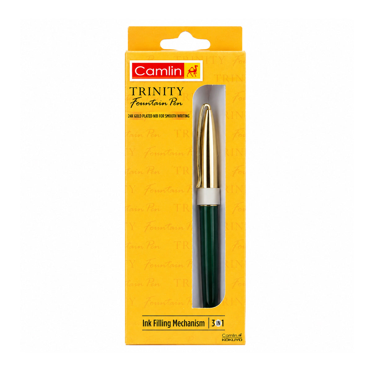 Camlin Trinity Fountain Pen – Black Body, Silver Cap, 24K Gold‑Plated Fine Nib