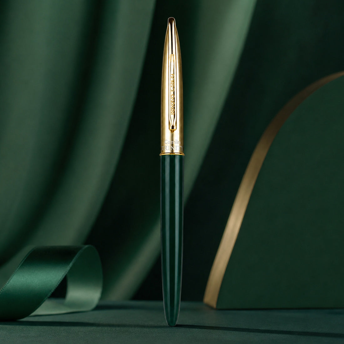 Camlin Trinity Fountain Pen – Black Body, Silver Cap, 24K Gold‑Plated Fine Nib