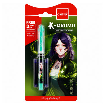 Cello K-Drama Green Fountain Pen Pack of 2 with Free Jumbo Cartridges