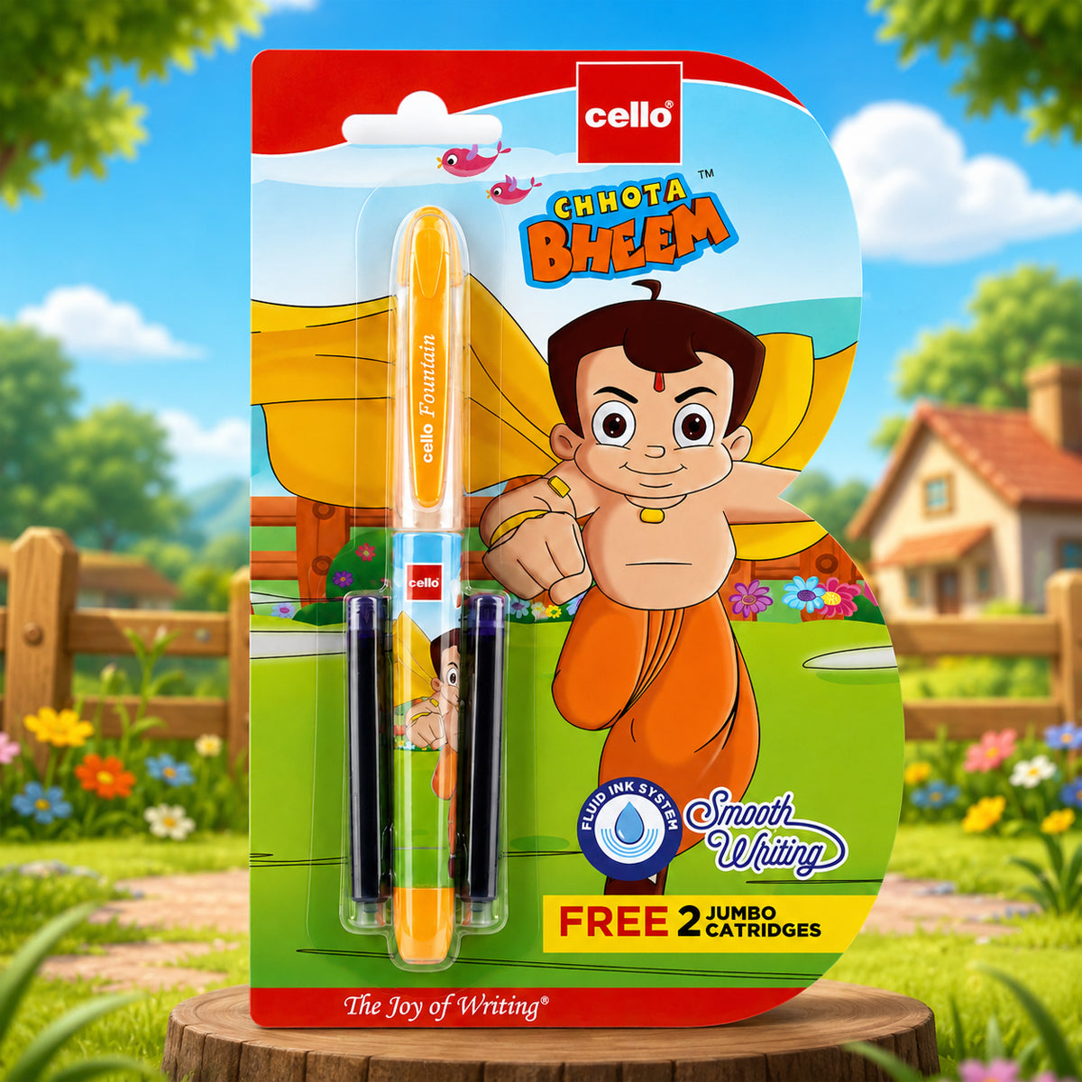 Cello Chhota Bheem Fountain Pen Pack of 2 - Orange, Fine Tip with Free Cartridges