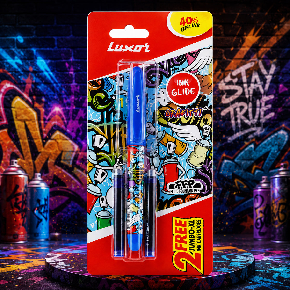Luxor INK Glide Graffiti Fountain Pen – Blue, Pack of 2