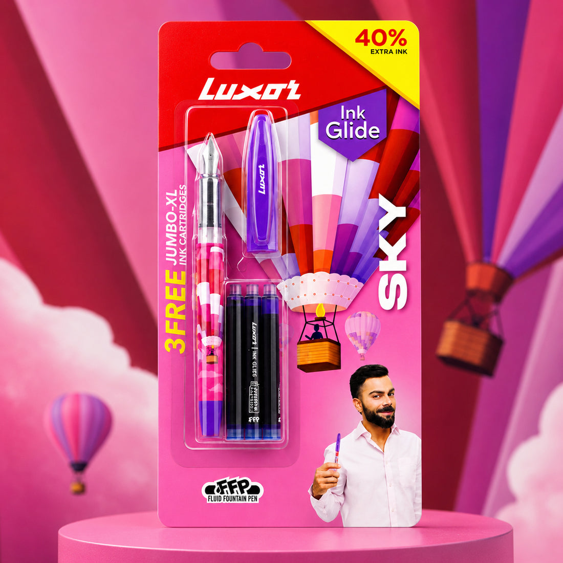 Luxor Ink Glide Sky Fountain Pen – Pink & Purple, Pack of 2