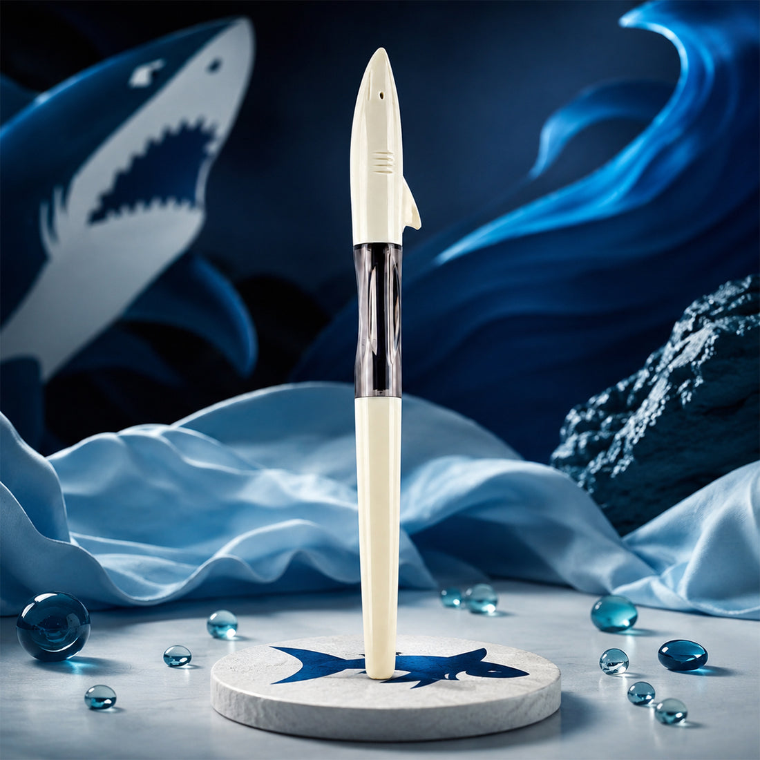 Jinhao 993 Shark Roller Ball Pen — Cream Body with Clear-Blue Grip