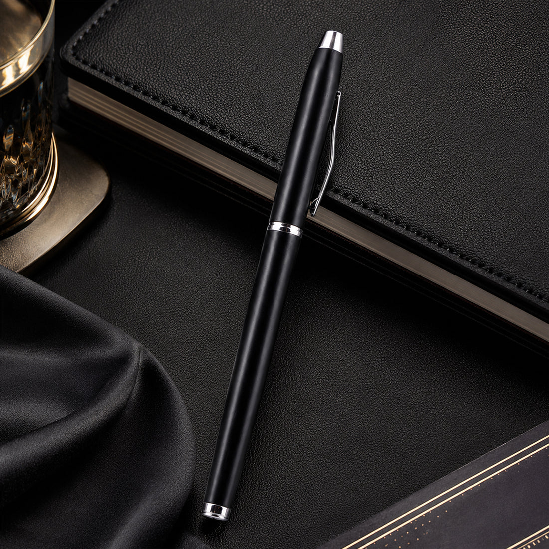 The Writershub Matte Black Metal Roller Ball Pen | Blue Ink | Cap Type