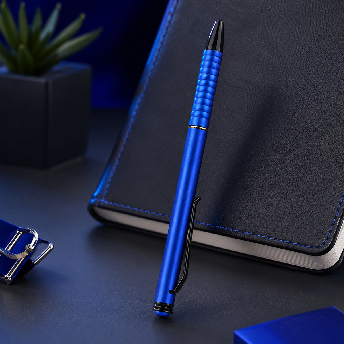 The Writershub Blue Metal Twist Ball Pen — Blue Ink, Black Clip