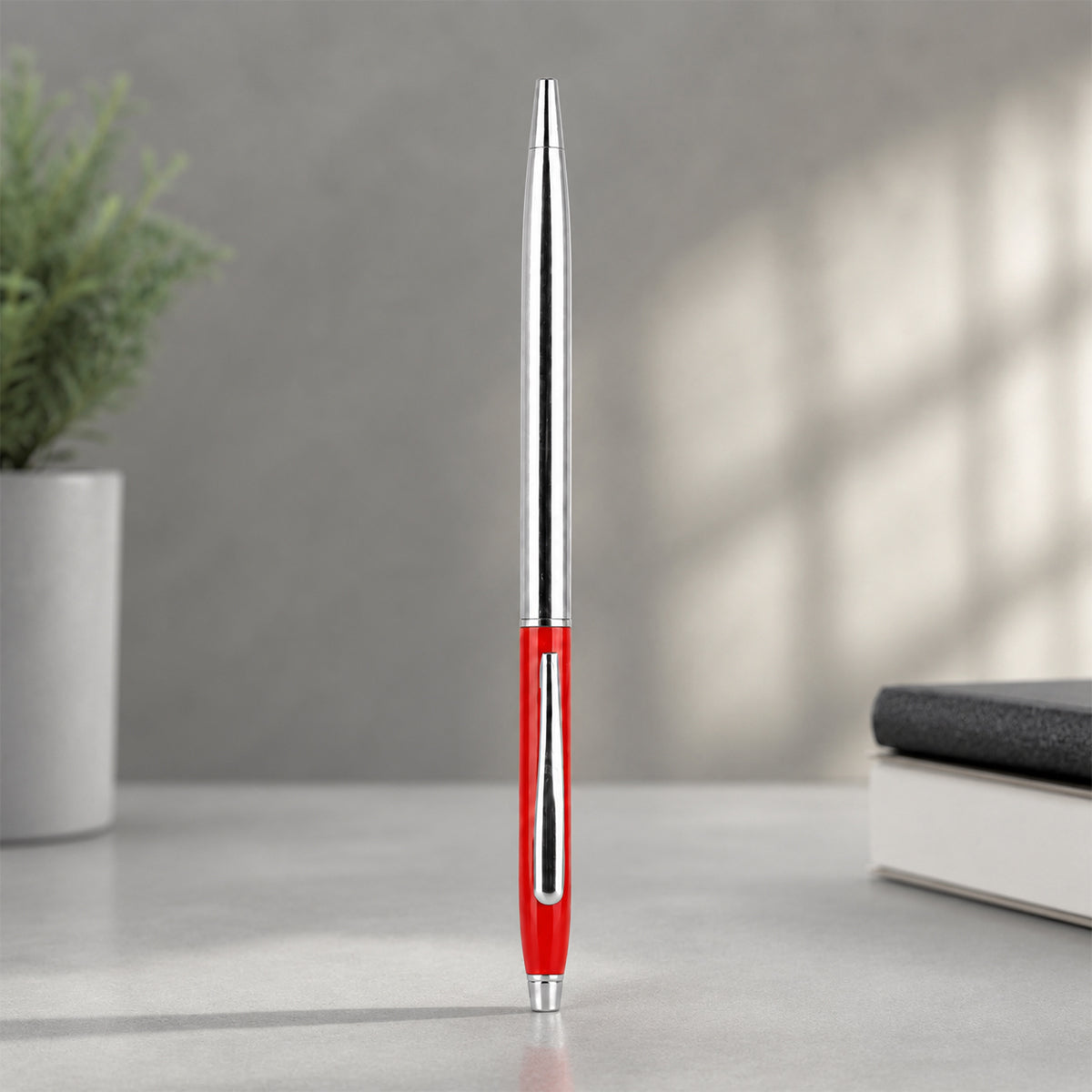 Slim Silver Body Ball Pen with Red Accents