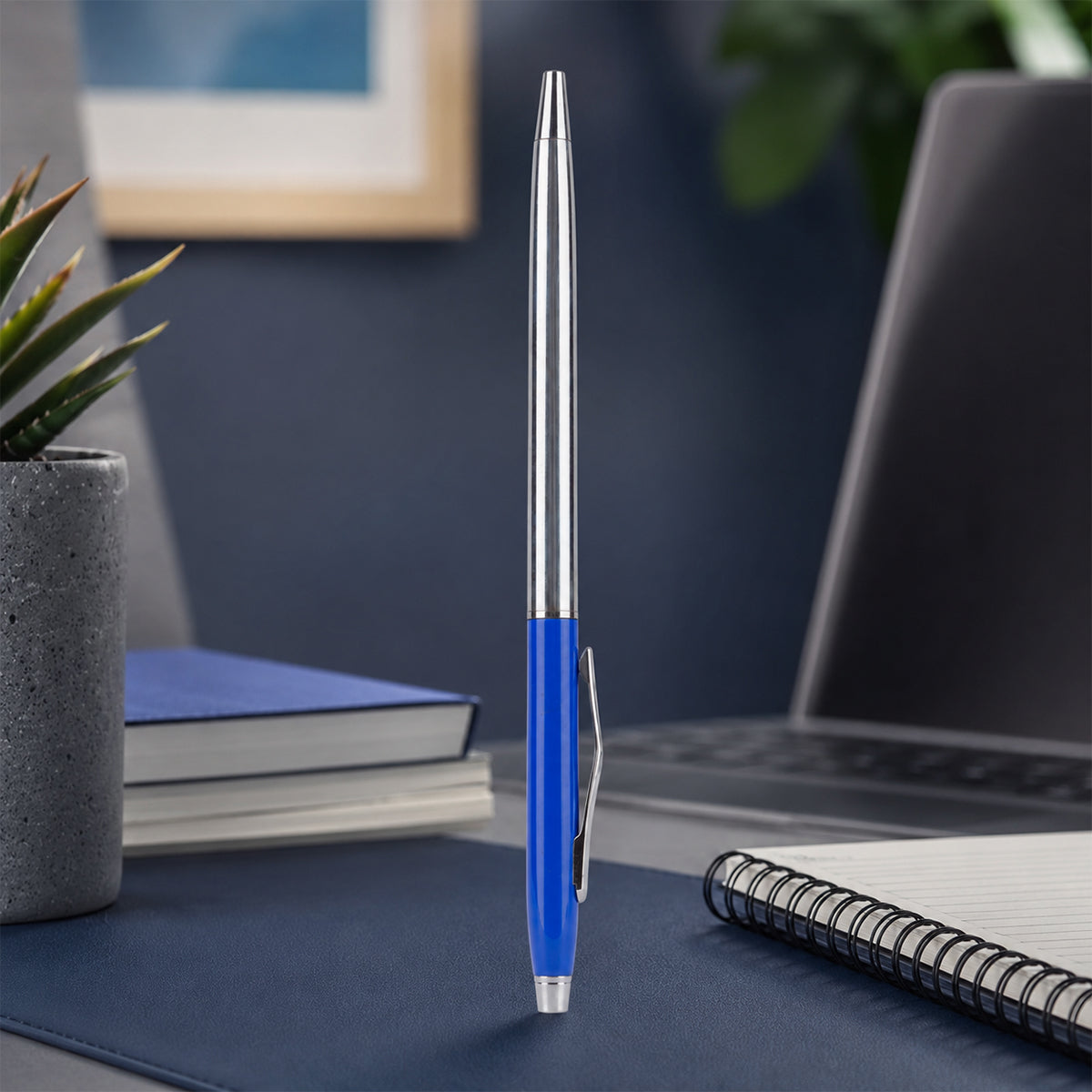 Slim Silver Body Ball Pen with Blue Accents – Twist Mechanism | Premium Metal Ballpoint with Blue Ink