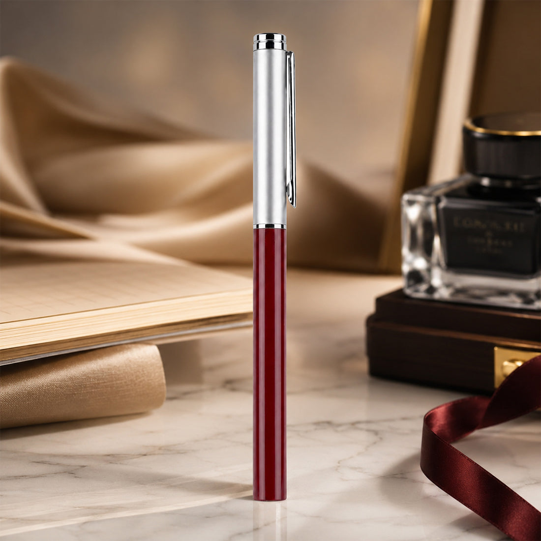 Penhouse Handmade Slimy 75 Maroon & Black Ebonite Ball Pen — Fine Tip (Blue Ink)