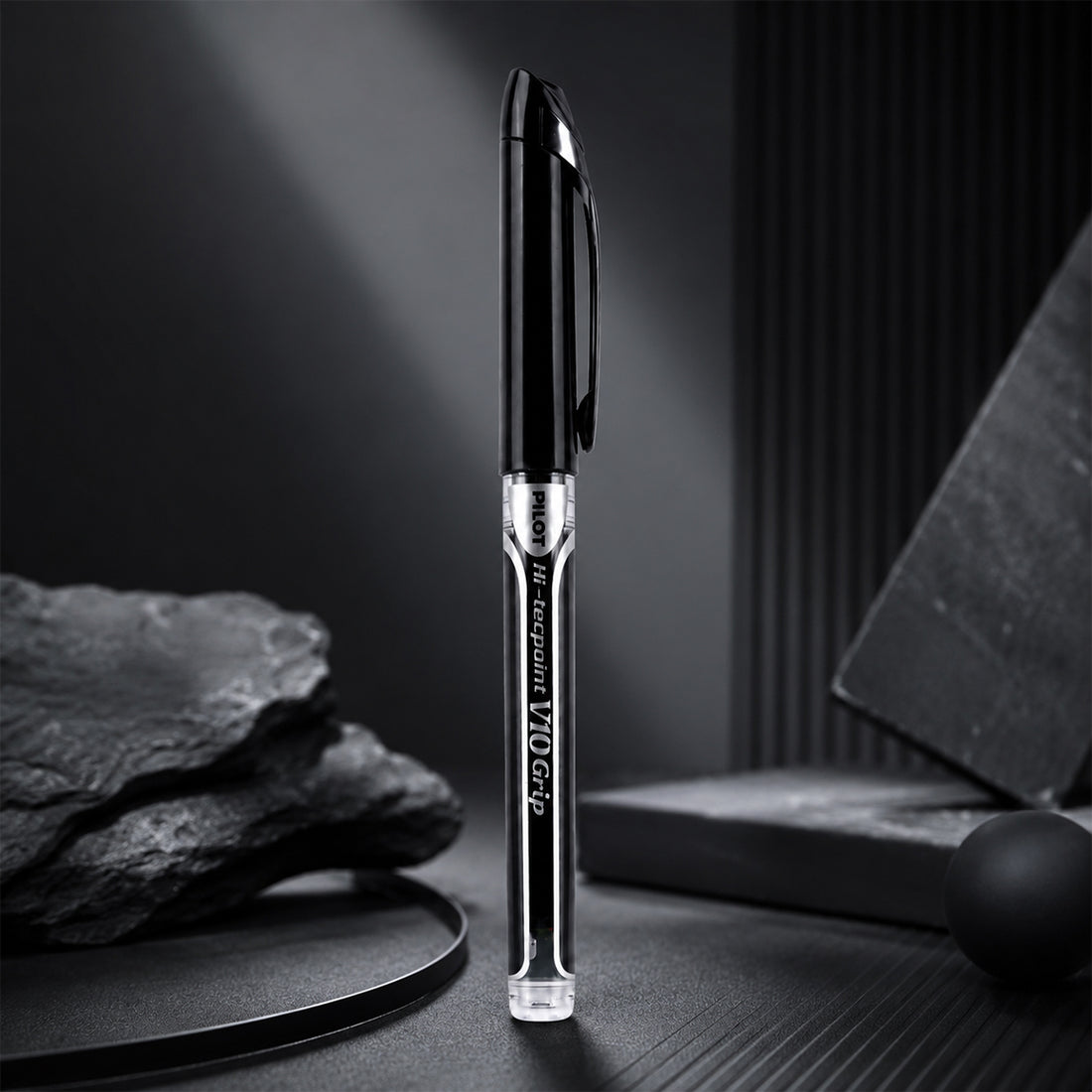 Pilot Hi-Tecpoint V10 Grip Black Rollerball Pen — 1.0mm Broad Liquid Ink with Dimpled Grip