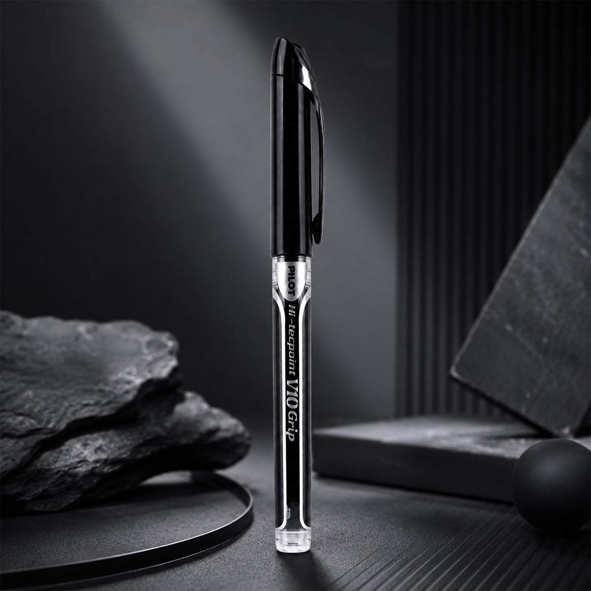 Pilot Hi-Tecpoint V10 Grip Black Rollerball Pen — 1.0mm Broad Liquid Ink with Dimpled Grip