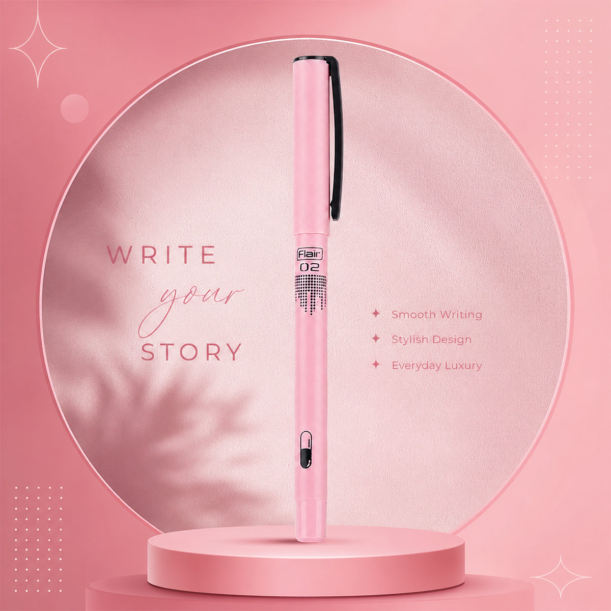 Flair O2 Pink Colour Ball Pen — 0.6mm Fine Tip with Textured Rubber Grip & Metal Clip