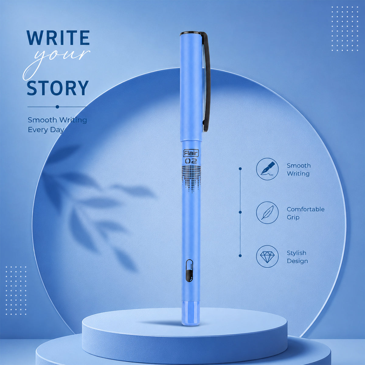 Flair O2 Blue Ball Pen — Smooth Fine Tip with Ergonomic Grip