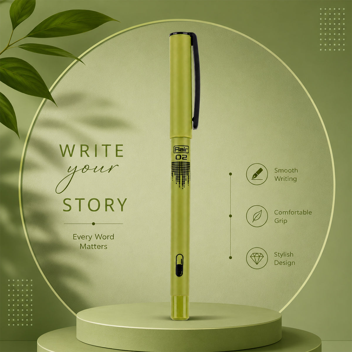 Flair O2 Green Ball Pen — Smooth Fine Tip with Ergonomic Grip, Blue Ink