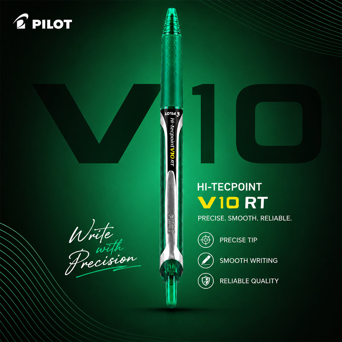 Pilot Hi-Tecpoint V10 RT Green Rollerball Pen — 1.0mm Broad Refillable Retractable with Rubber Grip