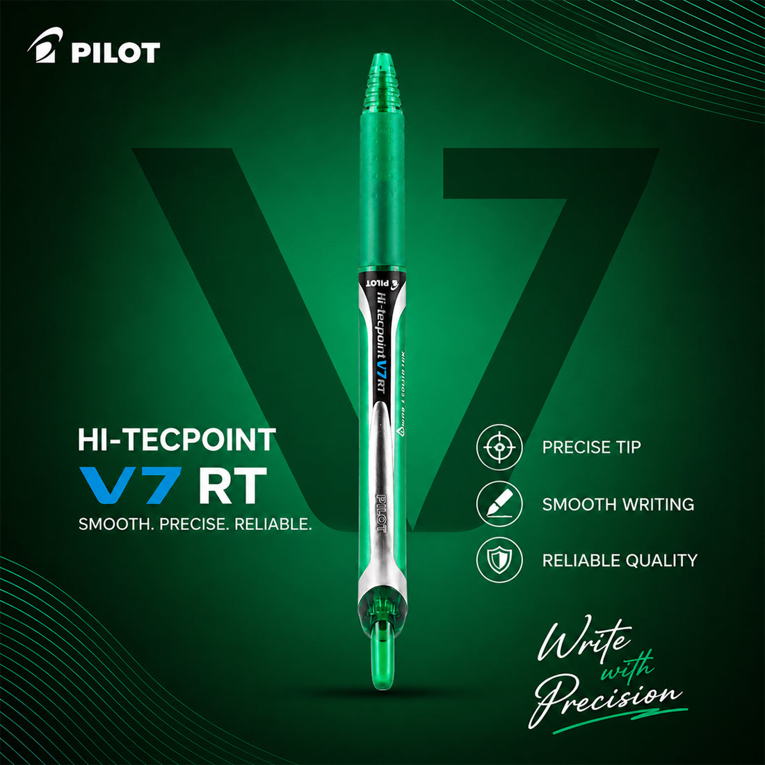 Pilot Hi-Tecpoint V7 RT Green Rollerball Pen — 0.7mm Refillable Retractable with Rubber Grip