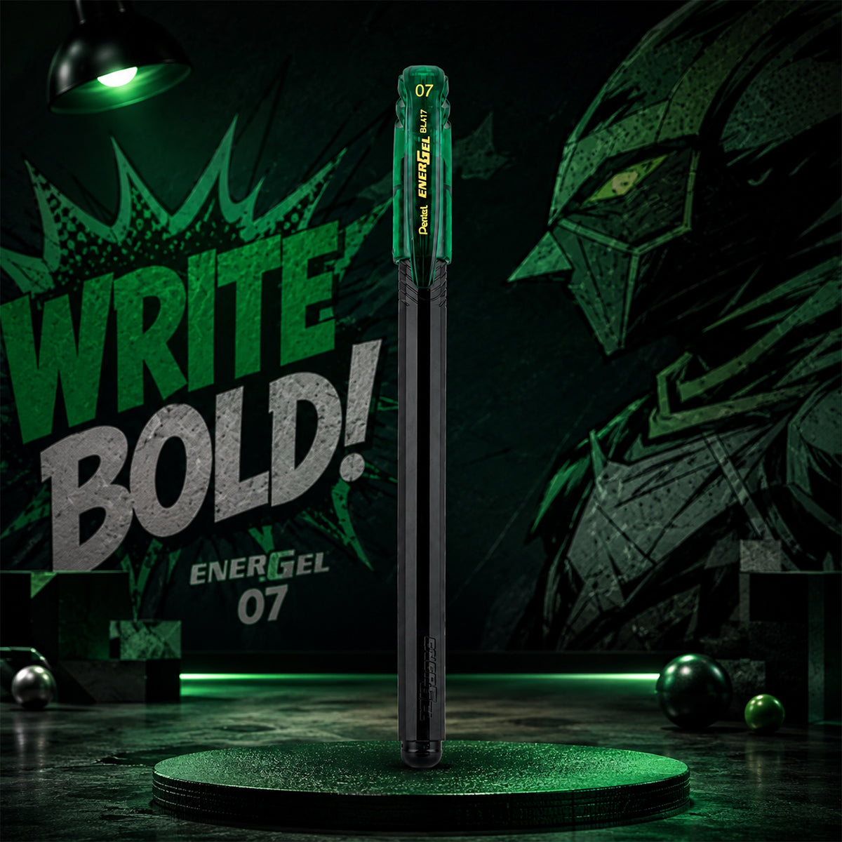 Pentel EnerGel – Black Body with Green Clip (Green Ink) Set of 2