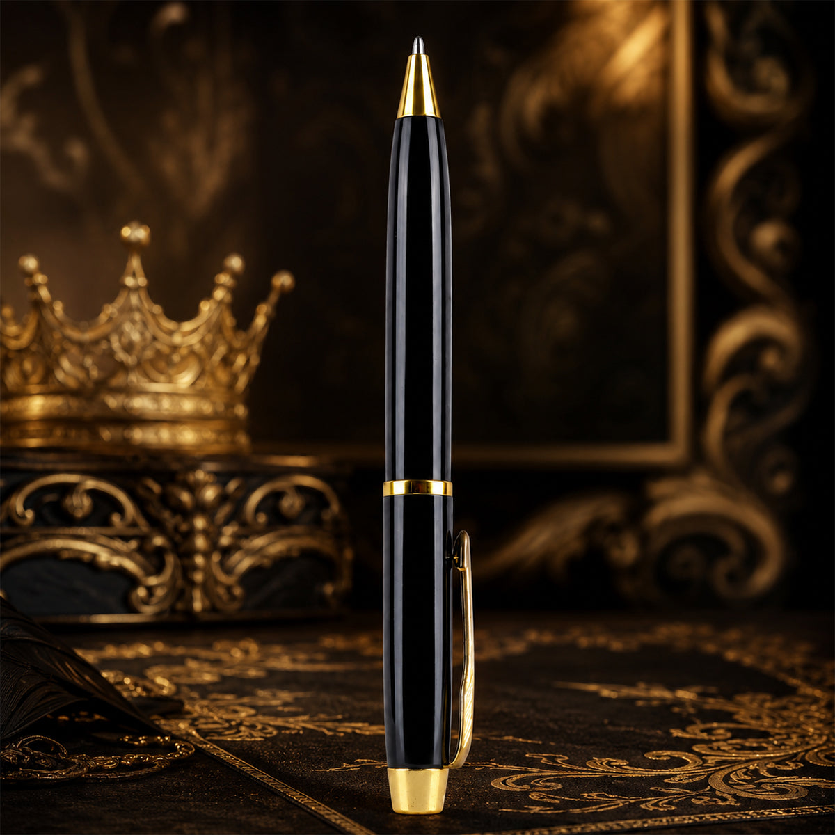 The Writershub Glossy Black Twist Ball Pen — Blue Ink, Gold Clip