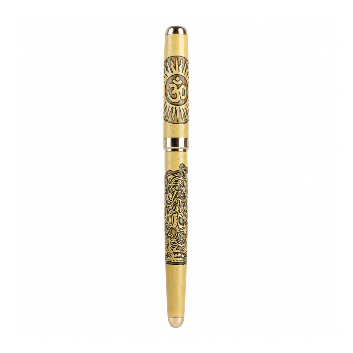 The Writershub Golden Ganesha & Om Engraved Ball Pen — Golden Body, Blue Ink